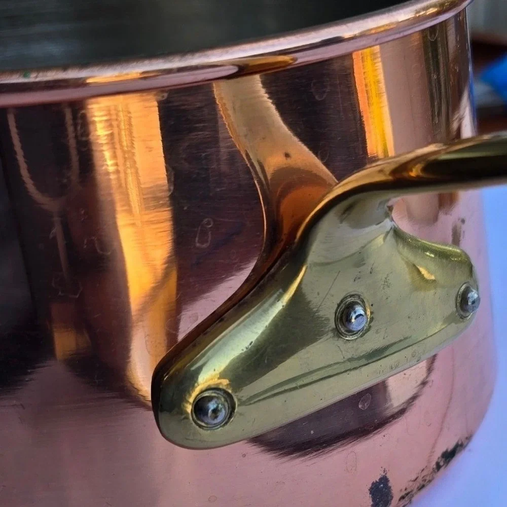 Vintage Copper Saucepan with Lid Stainless Steel Lined Brass Handles 7 Inch